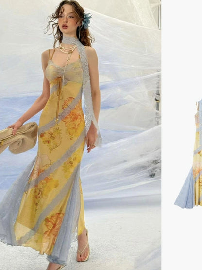 OfAkiva Sonnet Floral Print Halter Neck Lace Dress