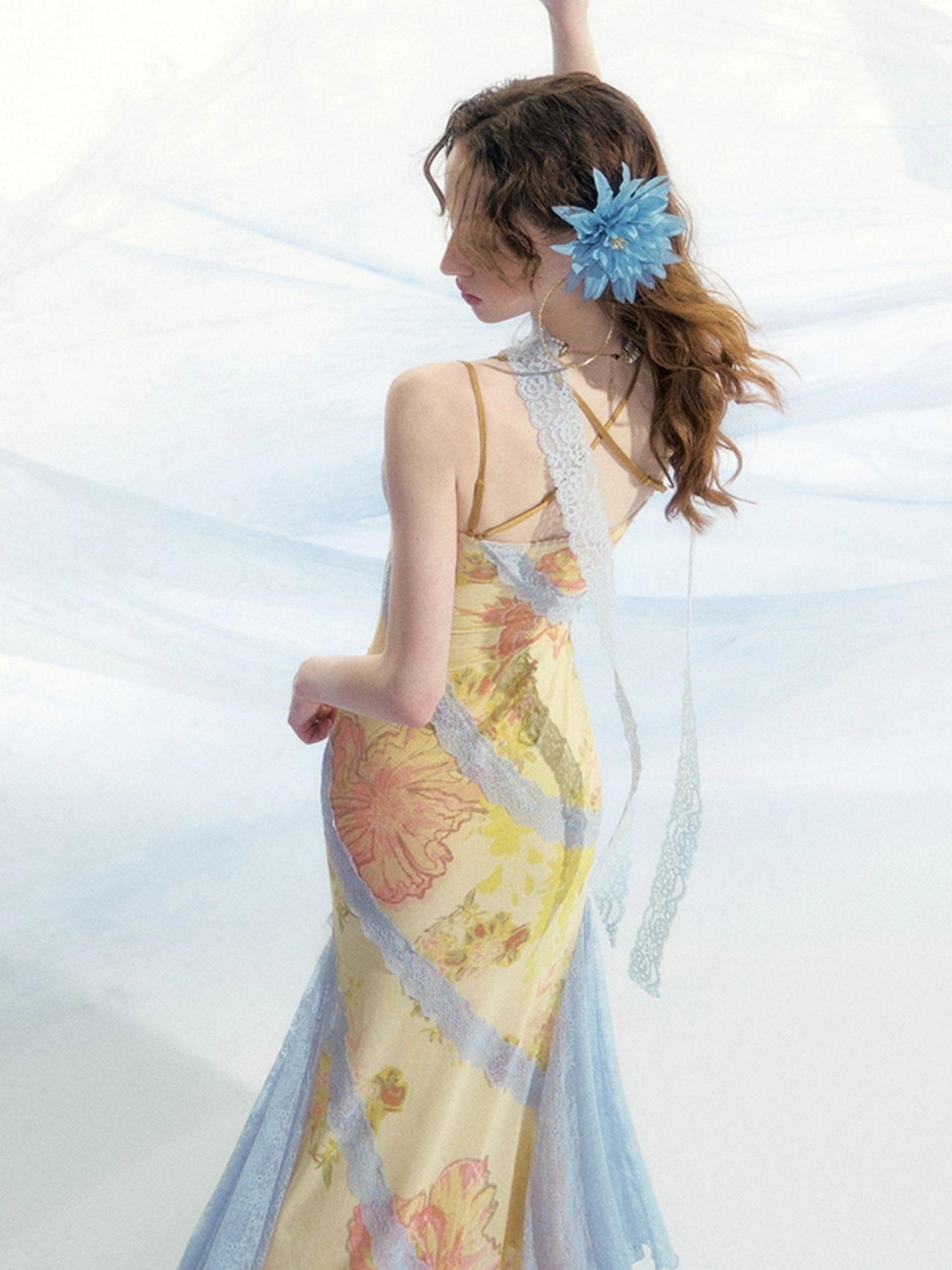 OfAkiva Sonnet Floral Print Halter Neck Lace Dress