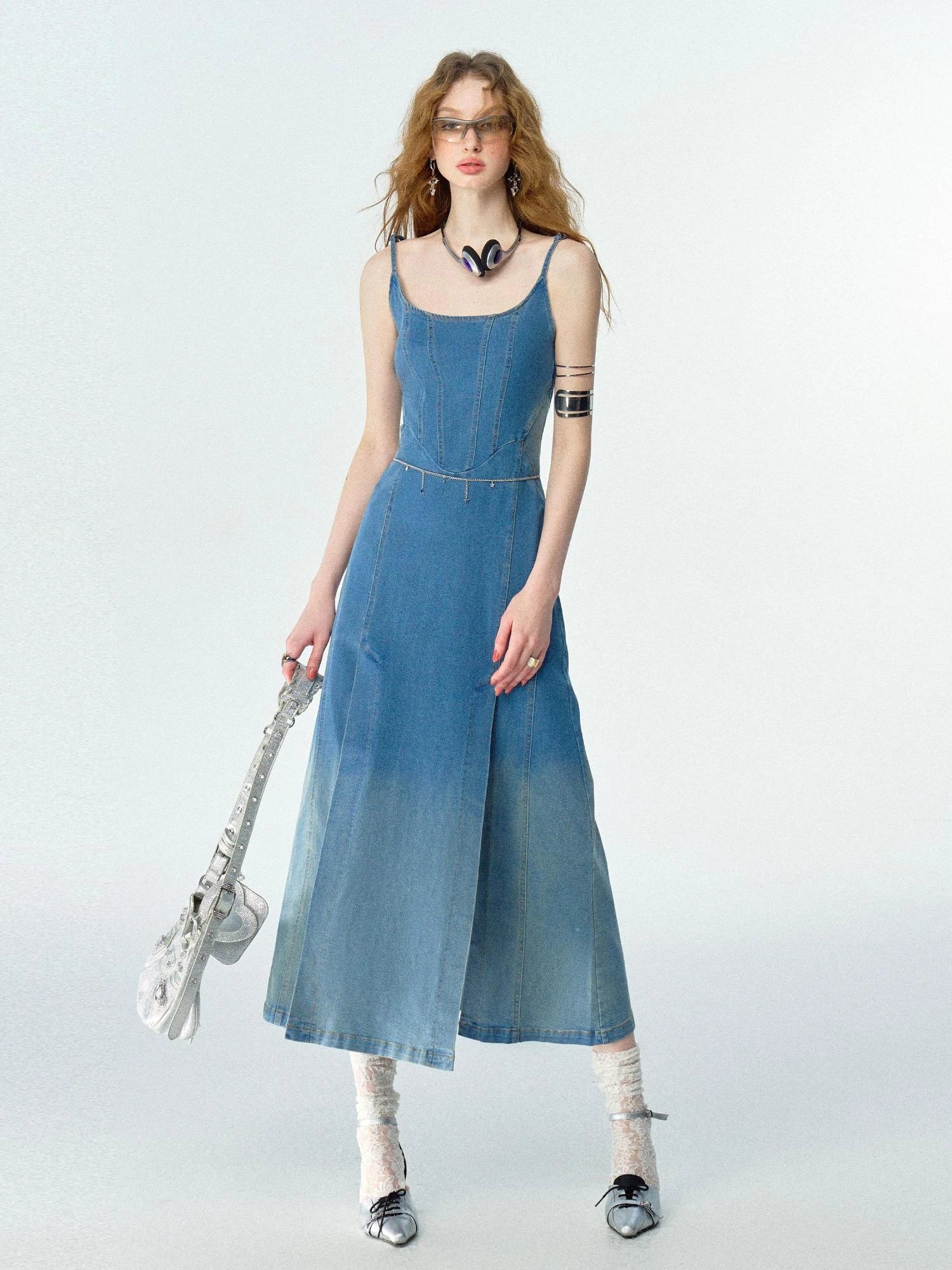 OfAkiva Split Side Denim Slip Dress