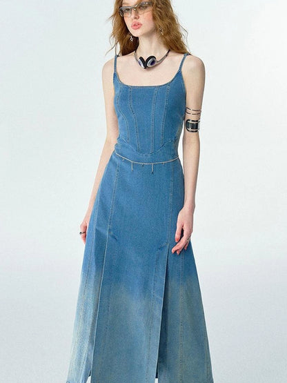 OfAkiva Split Side Denim Slip Dress