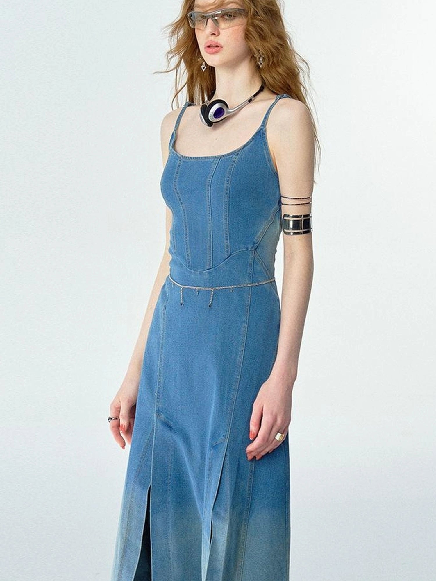 OfAkiva Split Side Denim Slip Dress
