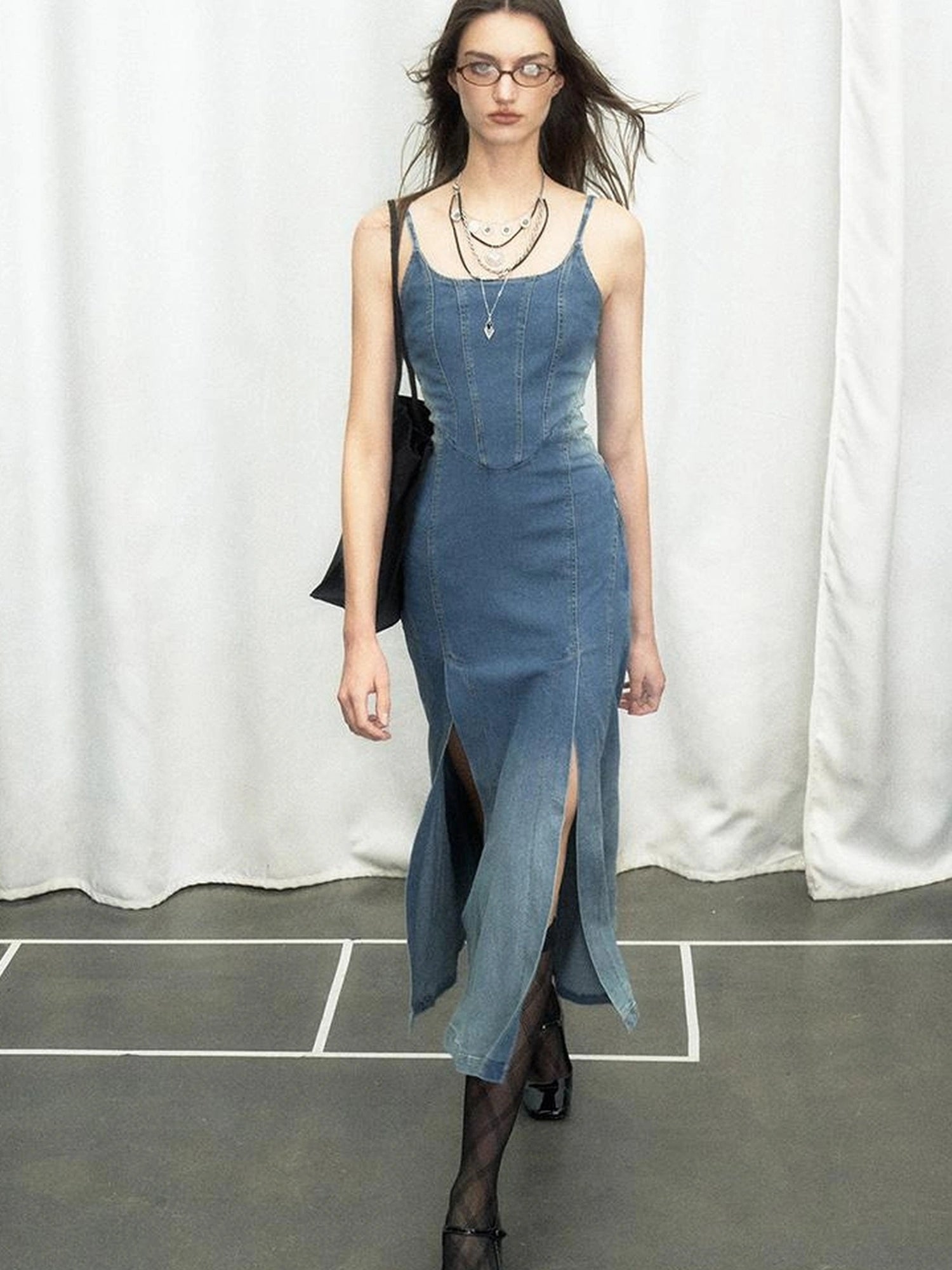 OfAkiva Split Side Denim Slip Dress