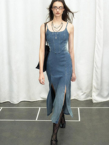 OfAkiva Split Side Denim Slip Dress