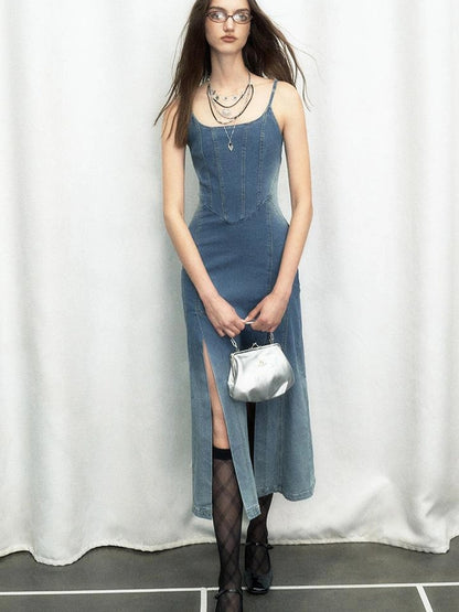 OfAkiva Split Side Denim Slip Dress