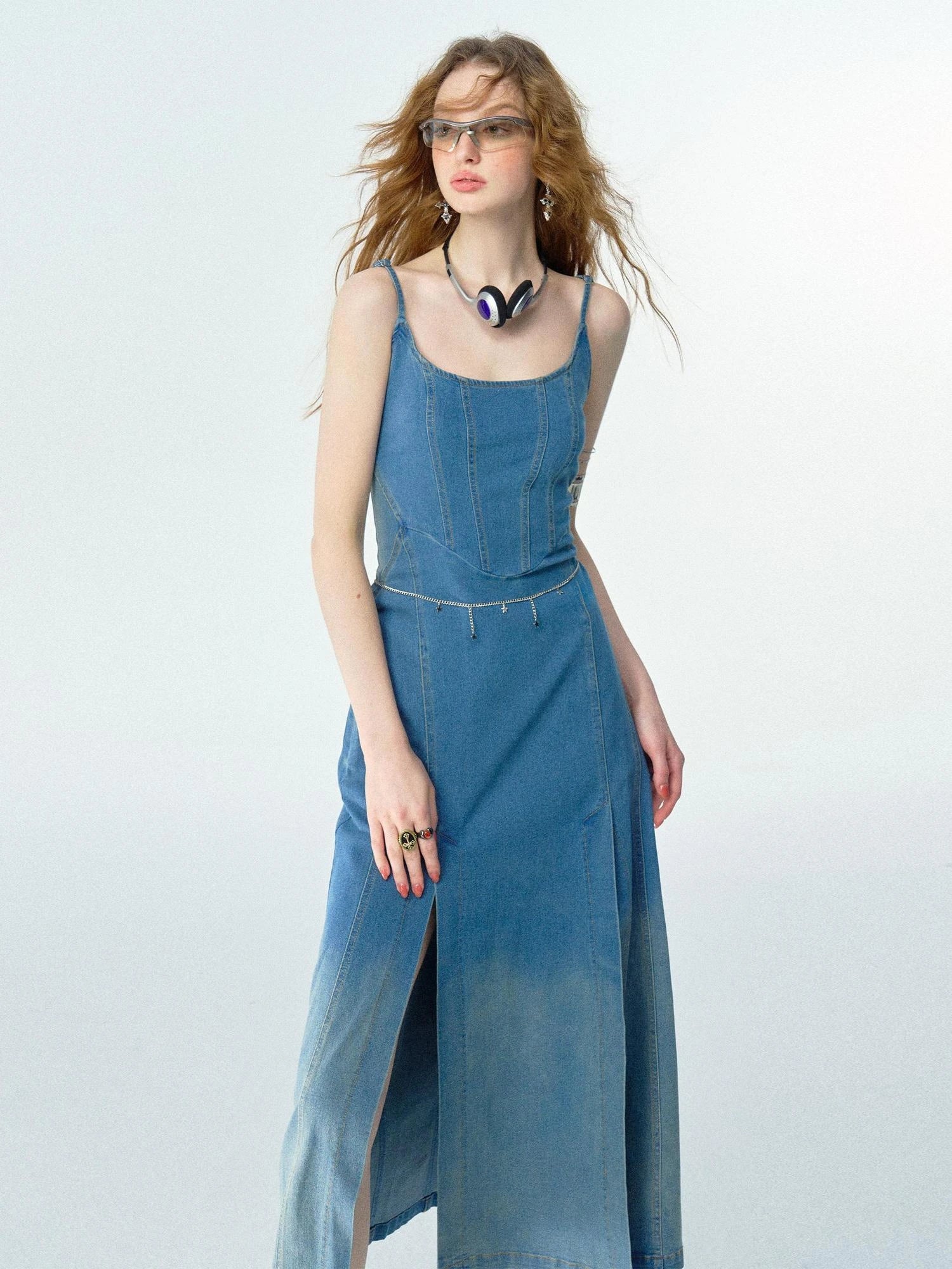 OfAkiva Split Side Denim Slip Dress