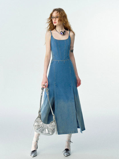 OfAkiva Split Side Denim Slip Dress