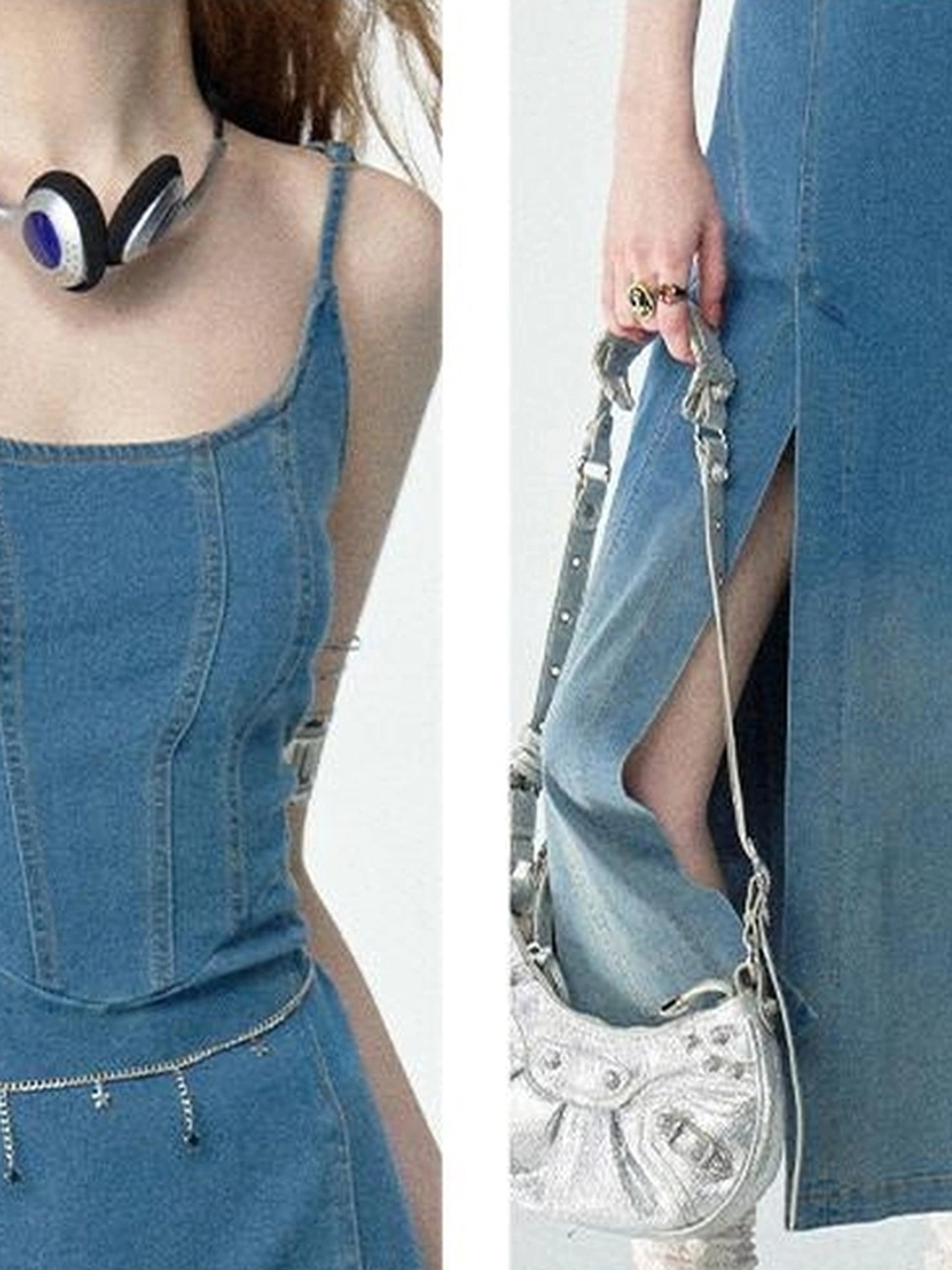 OfAkiva Split Side Denim Slip Dress