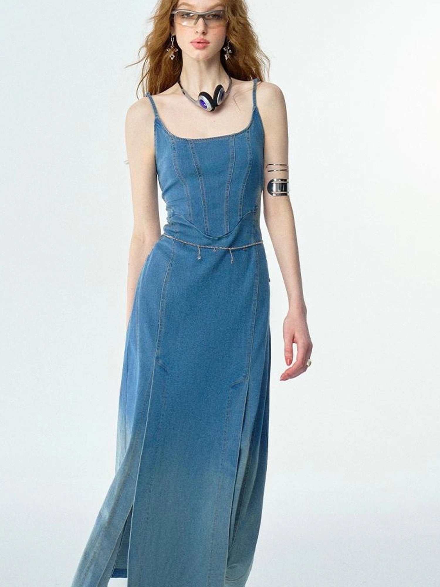 OfAkiva Split Side Denim Slip Dress