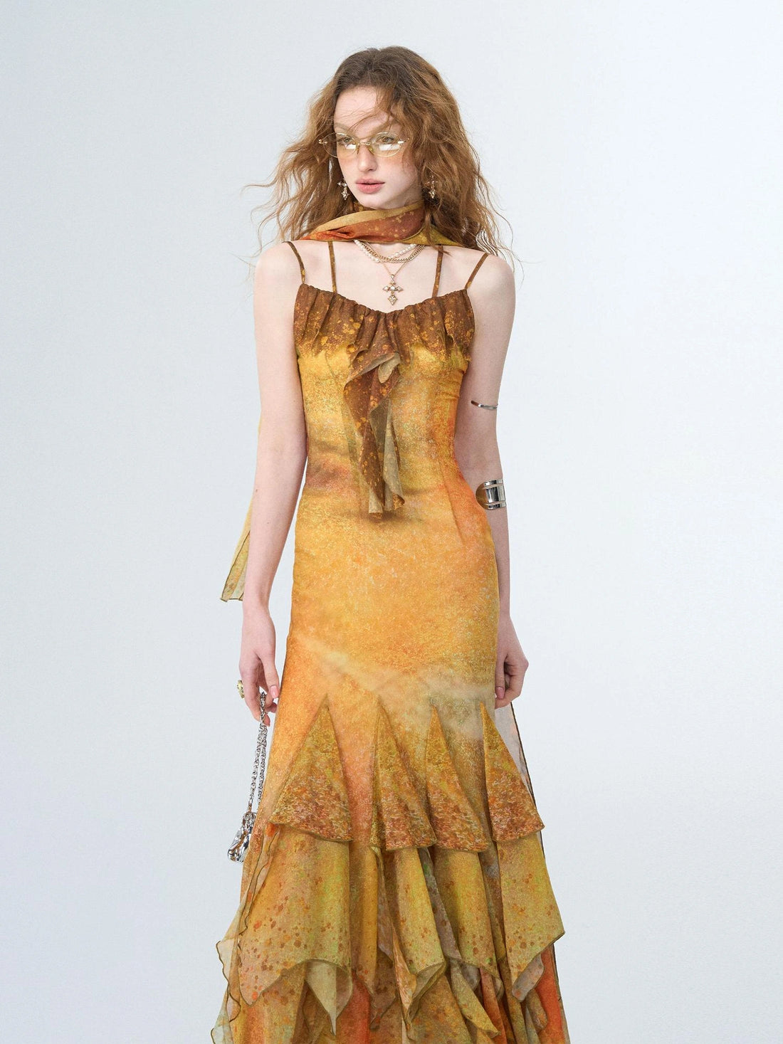 OfAkiva Sunset Glow A Line Slip Dress V-neck T-shirt Long Sleeve