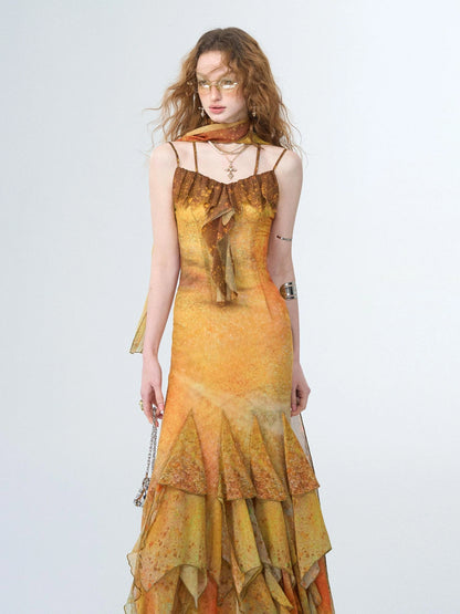 OfAkiva Sunset Glow A Line Slip Dress V-neck T-shirt Long Sleeve