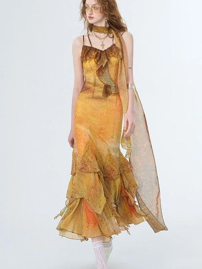 OfAkiva Sunset Glow A Line Slip Dress V-neck T-shirt Long Sleeve