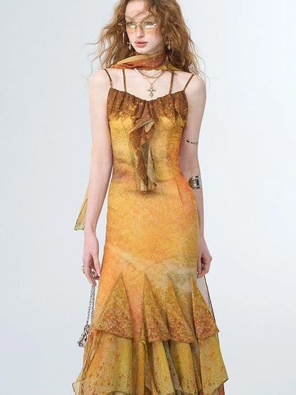 OfAkiva Sunset Glow A Line Slip Dress V-neck T-shirt Long Sleeve