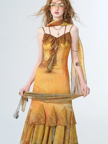 OfAkiva Sunset Glow A Line Slip Dress V-neck T-shirt Long Sleeve