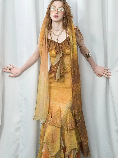 OfAkiva Sunset Glow A Line Slip Dress V-neck T-shirt Long Sleeve