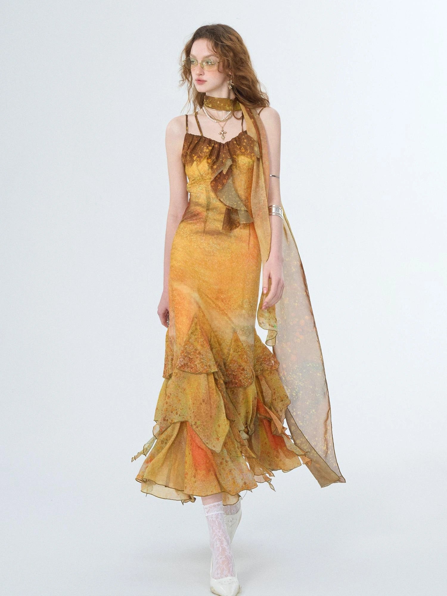 OfAkiva Sunset Glow A Line Slip Dress V-neck T-shirt Long Sleeve