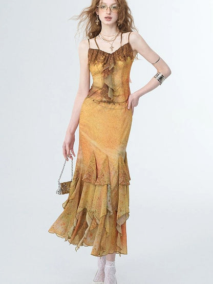 OfAkiva Sunset Glow A Line Slip Dress V-neck T-shirt Long Sleeve