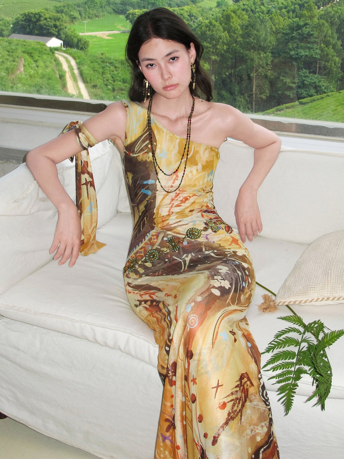 OfAkiva Sunset Retro Print Asymmetric Sash Fishtail Women&