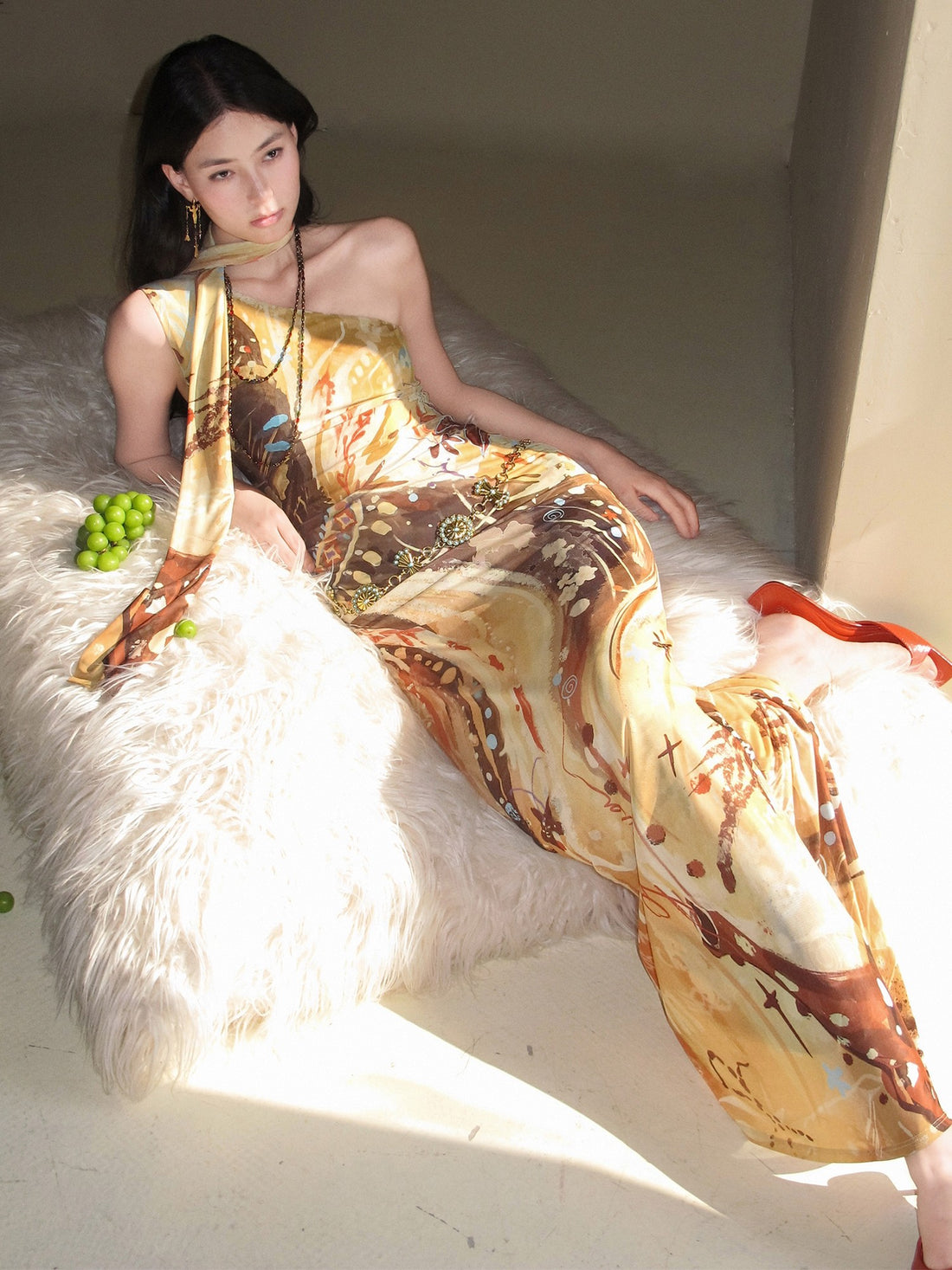 OfAkiva Sunset Retro Print Asymmetric Sash Fishtail Women&