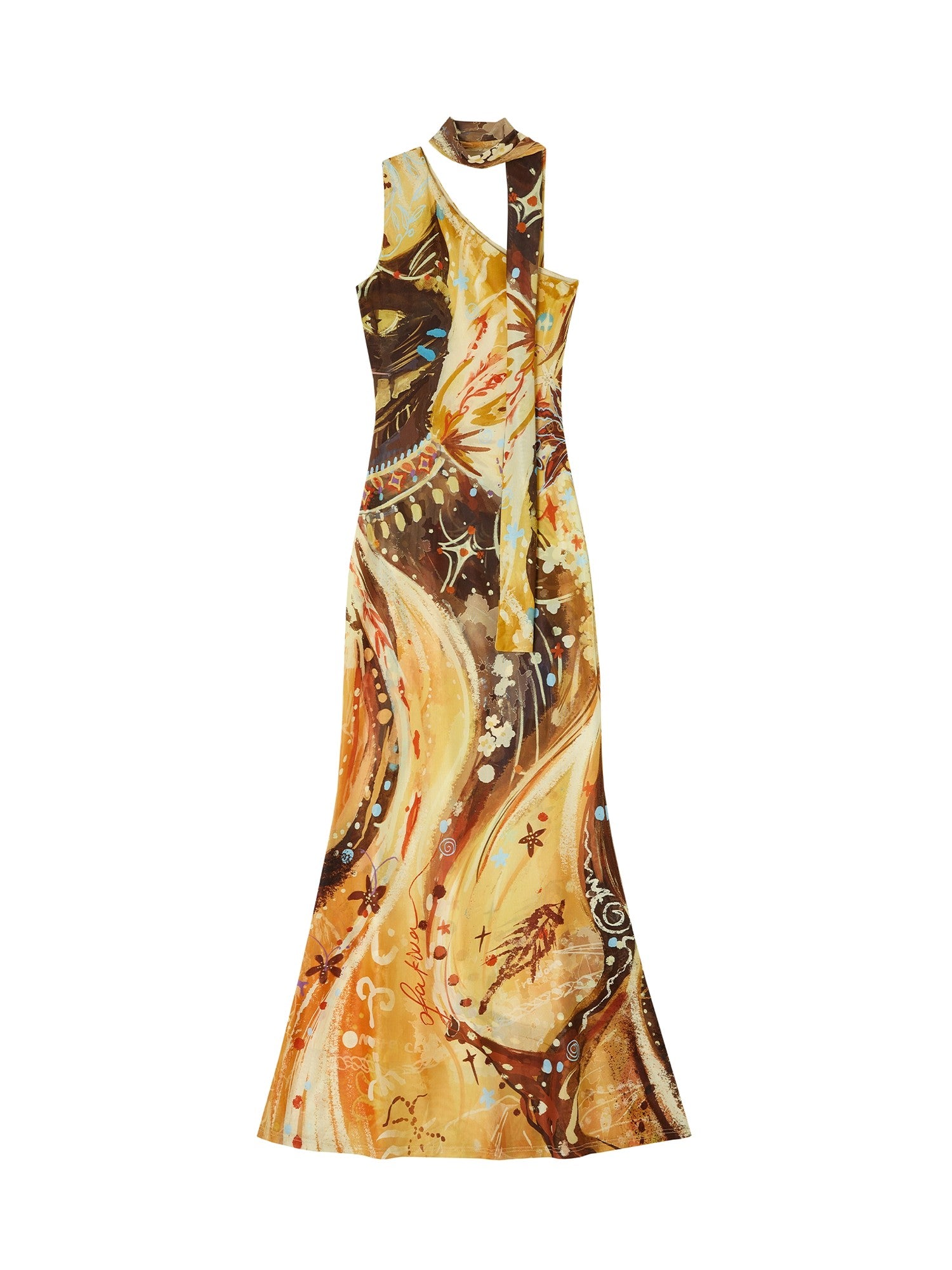 OfAkiva Sunset Retro Print Asymmetric Sash Fishtail Women&