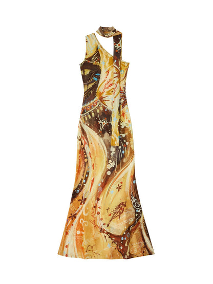 OfAkiva Sunset Retro Print Asymmetric Sash Fishtail Women&