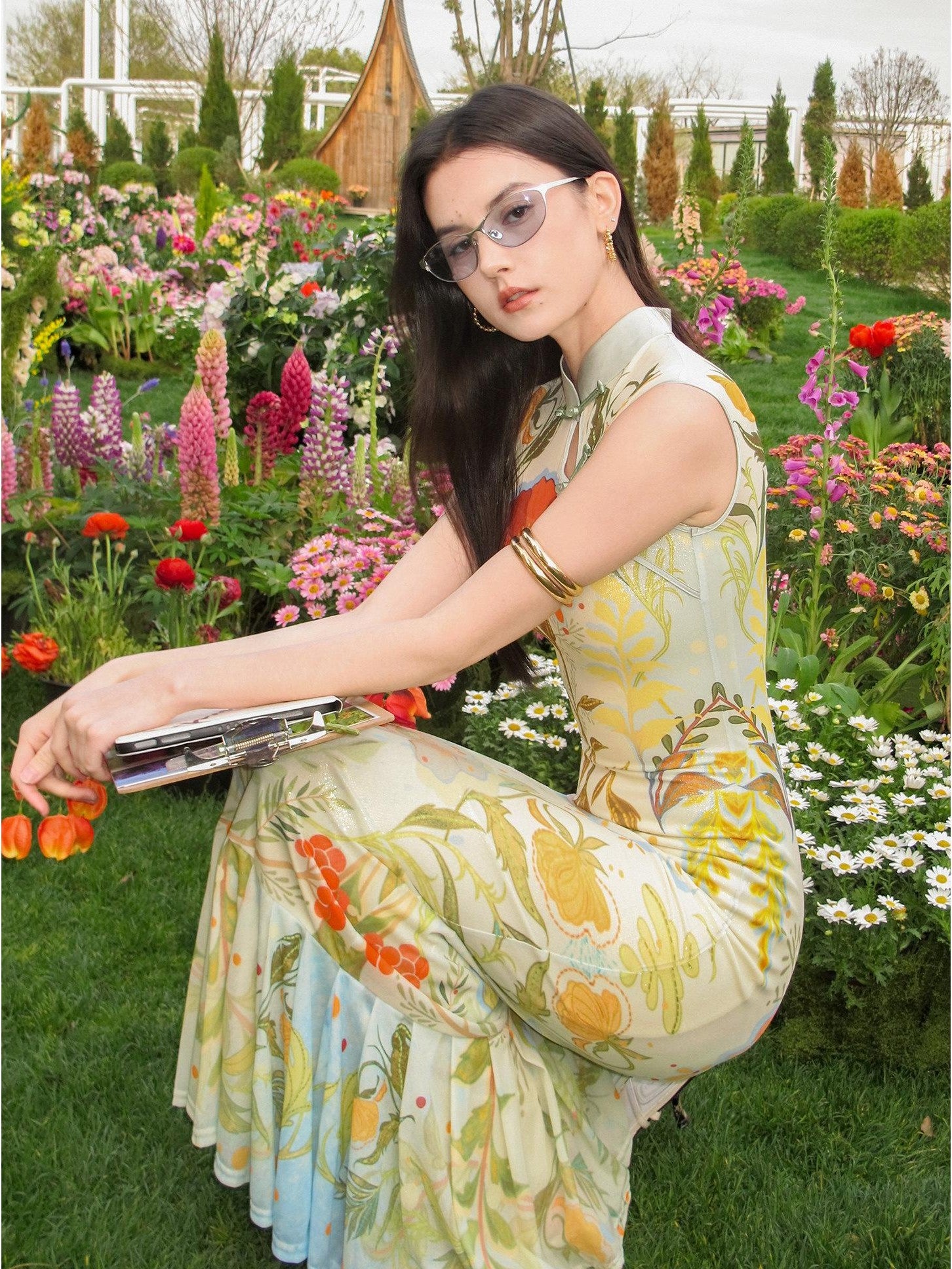 OfAkiva Teal Poppy Print Stand Collar Women&
