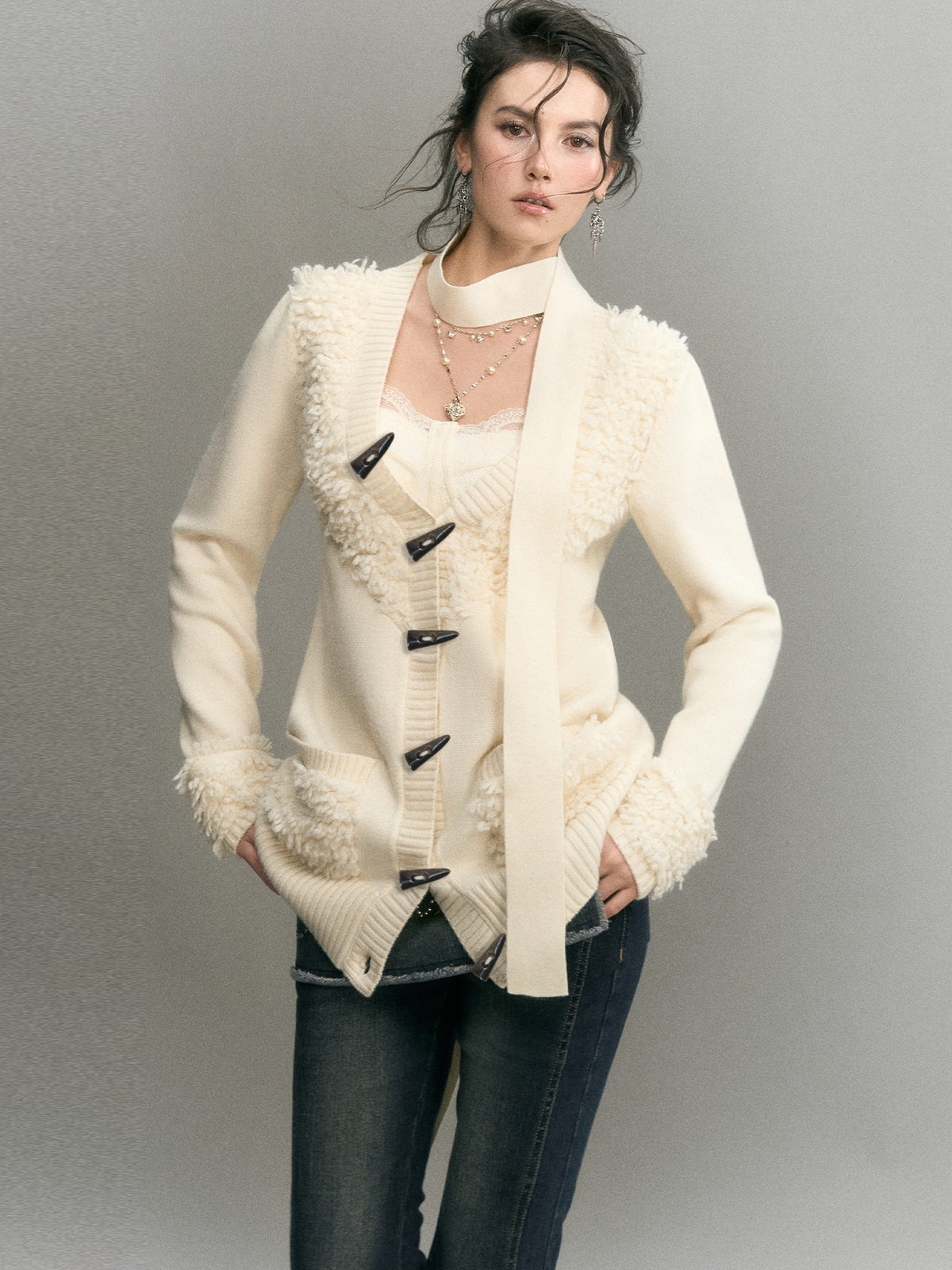 OfAkiva Textured Loop Yarn Horn Button Paneled V-neck Women&