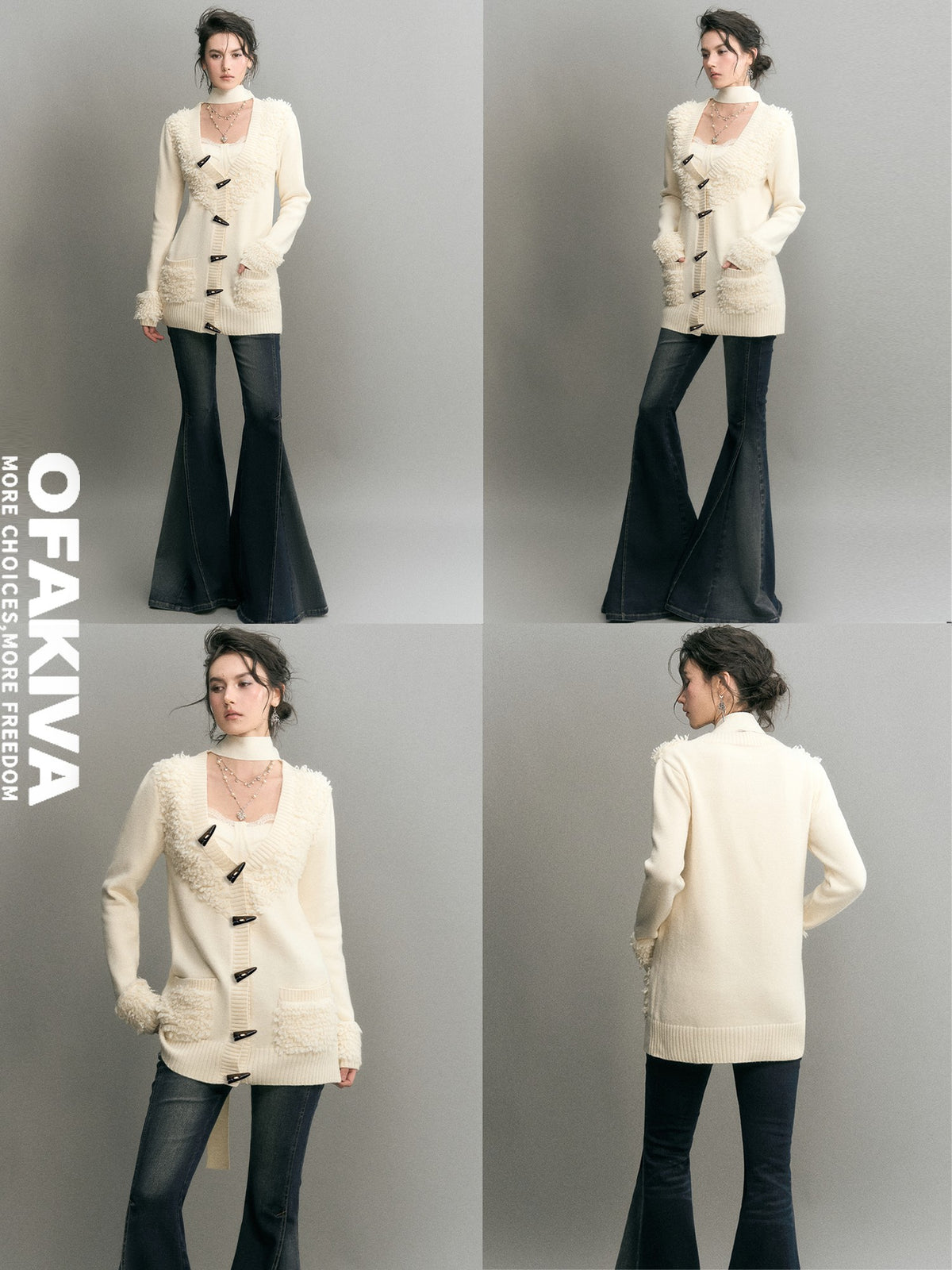 OfAkiva Textured Loop Yarn Horn Button Paneled V-neck Women&
