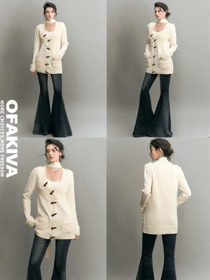 OfAkiva Textured Loop Yarn Horn Button Paneled V-neck Women&