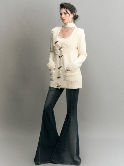 OfAkiva Textured Loop Yarn Horn Button Paneled V-neck Women&
