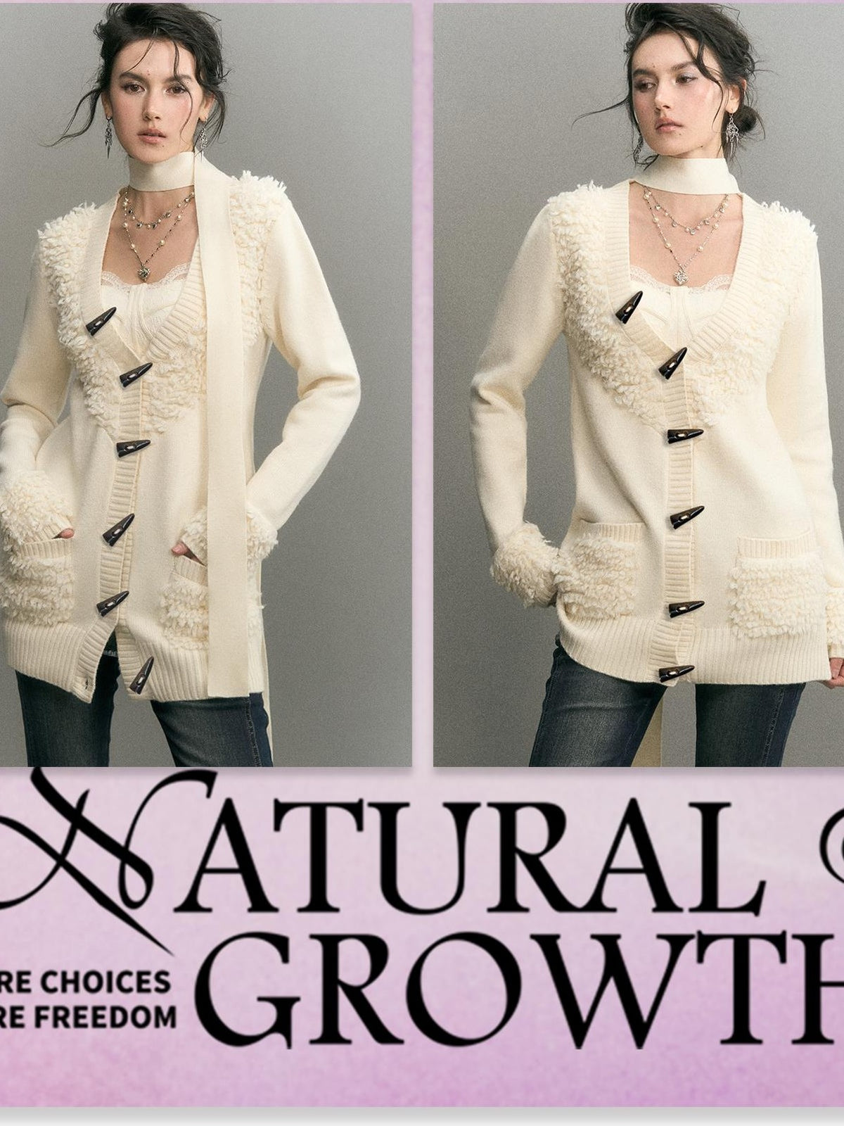 OfAkiva Textured Loop Yarn Horn Button Paneled V-neck Women&