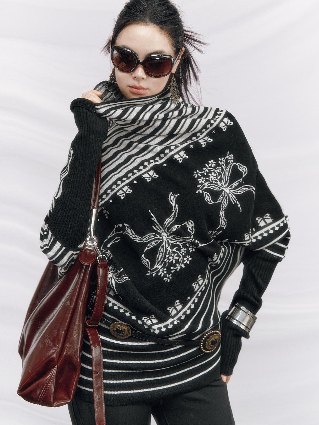 OfAkiva Thermal Colorblock Cowl Neck Slim Batwing Sleeve Womens Stripe Sweater