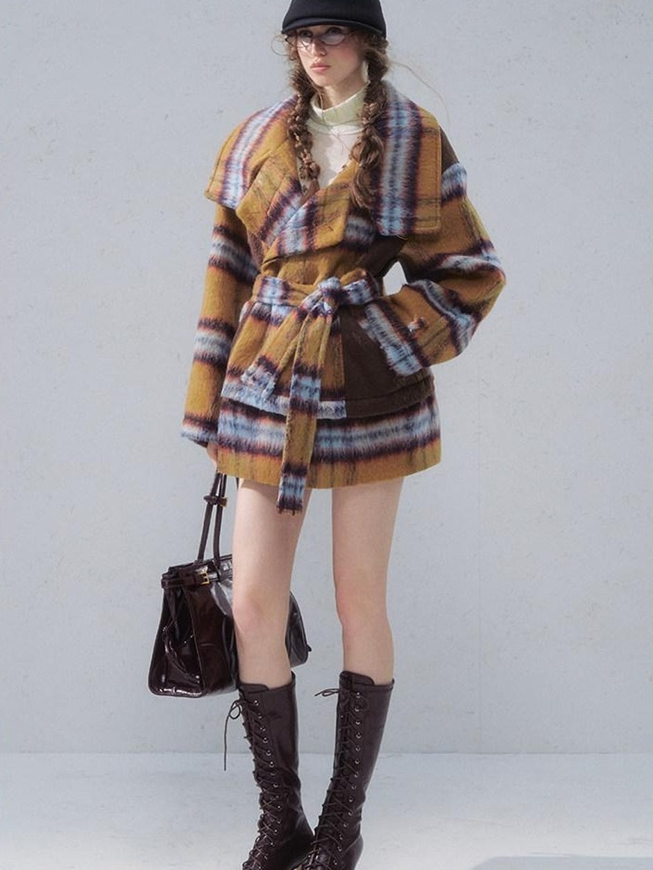 OfAkiva Thick Warm Vintage Plaid Slim Fit Stand Collar Tie Closure Women Short Coat