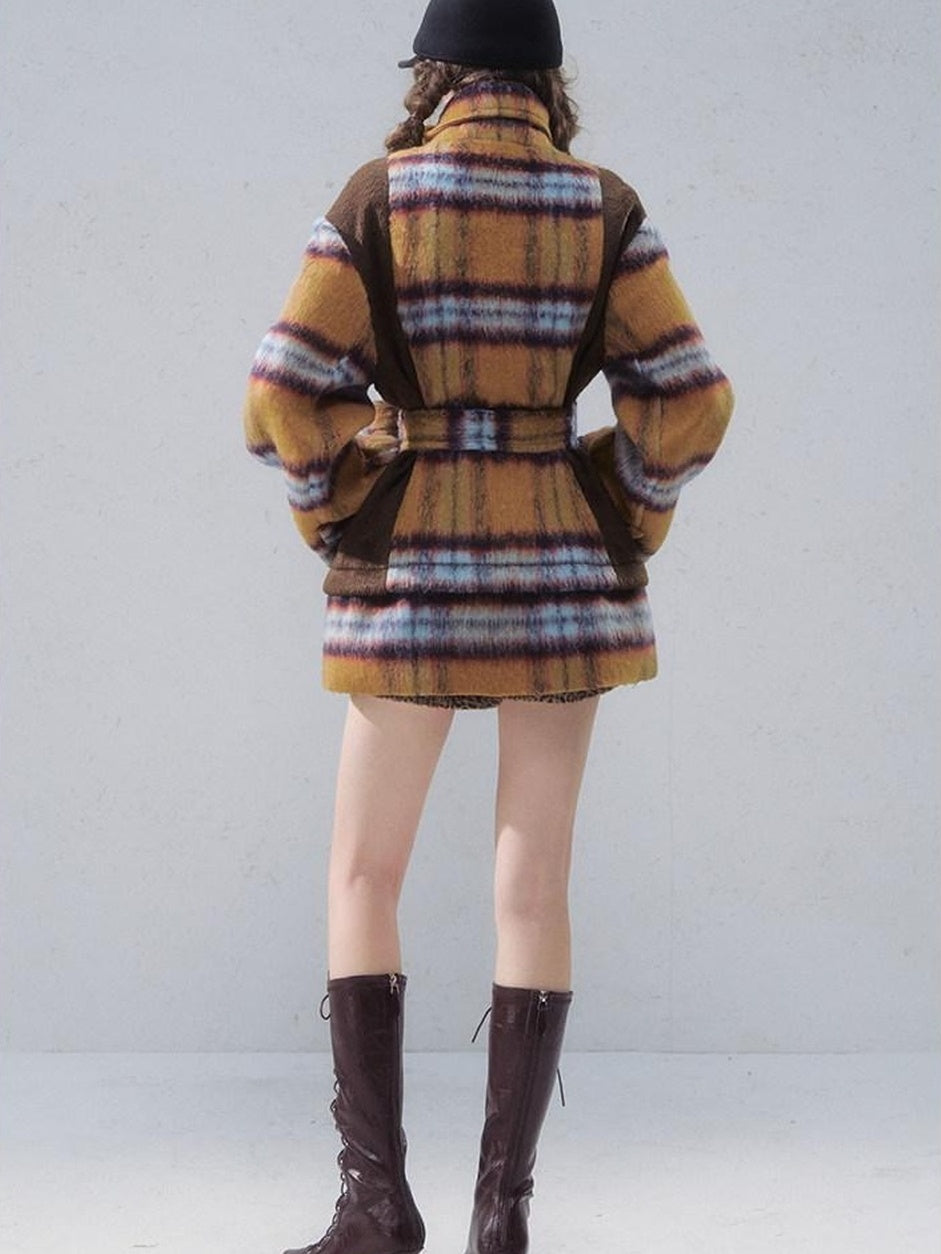 OfAkiva Thick Warm Vintage Plaid Slim Fit Stand Collar Tie Closure Women Short Coat