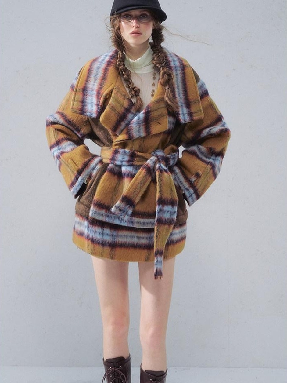 OfAkiva Thick Warm Vintage Plaid Slim Fit Stand Collar Tie Closure Women Short Coat