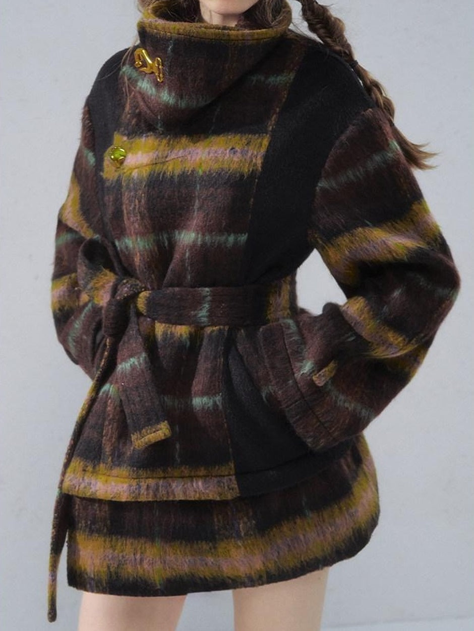 OfAkiva Thick Warm Vintage Plaid Slim Fit Stand Collar Tie Closure Women Short Coat