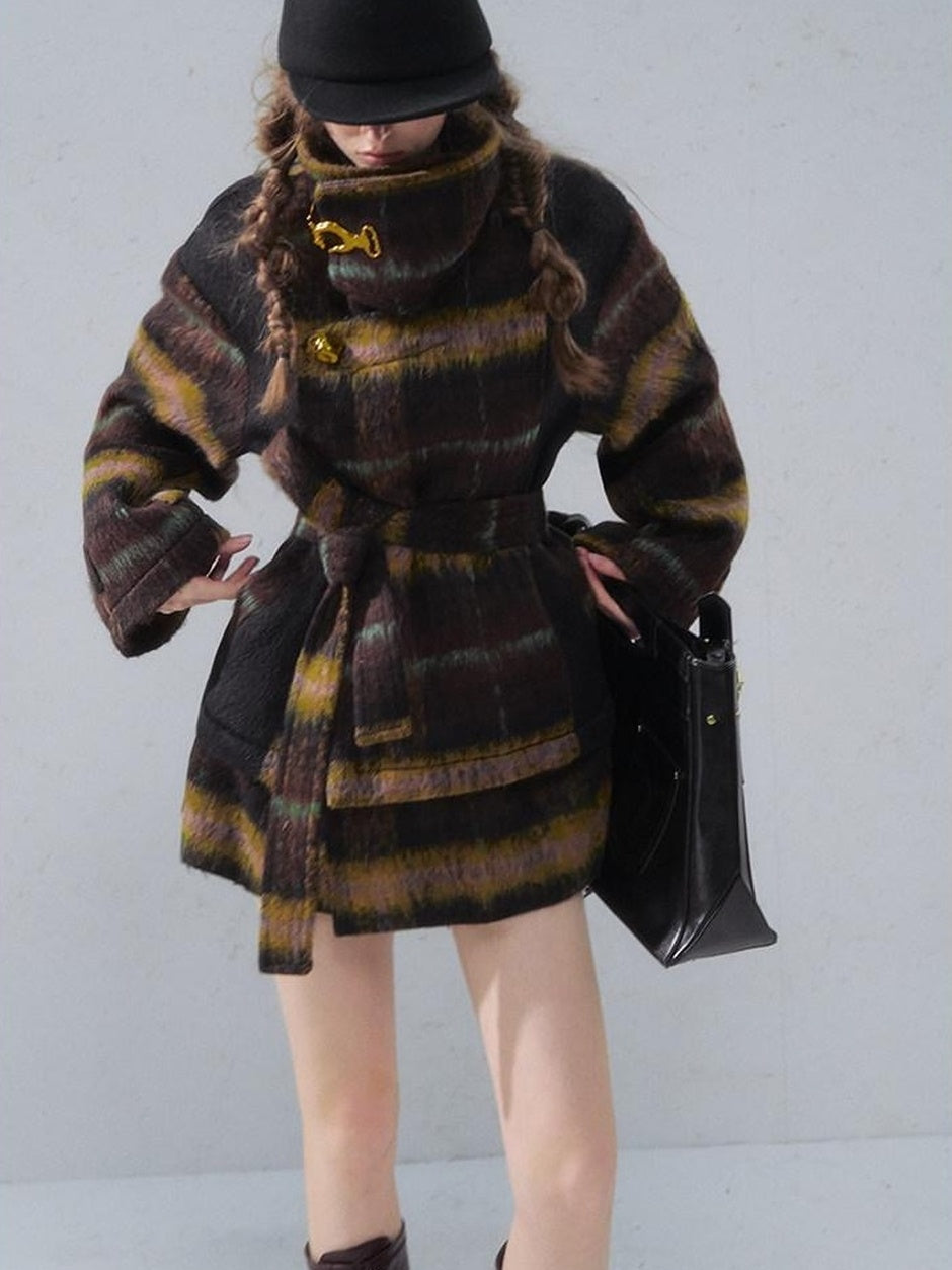 OfAkiva Thick Warm Vintage Plaid Slim Fit Stand Collar Tie Closure Women Short Coat