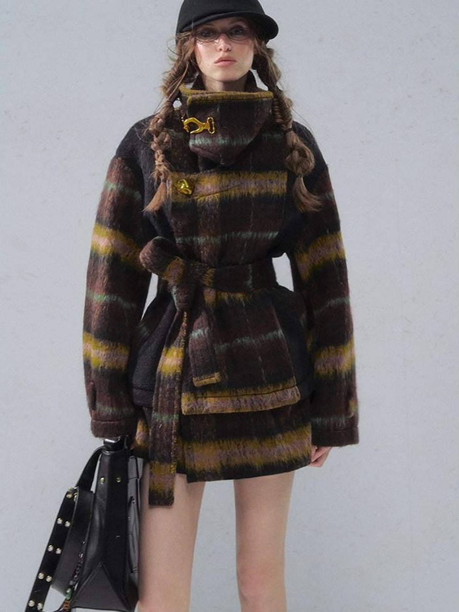 OfAkiva Thick Warm Vintage Plaid Slim Fit Stand Collar Tie Closure Women Short Coat