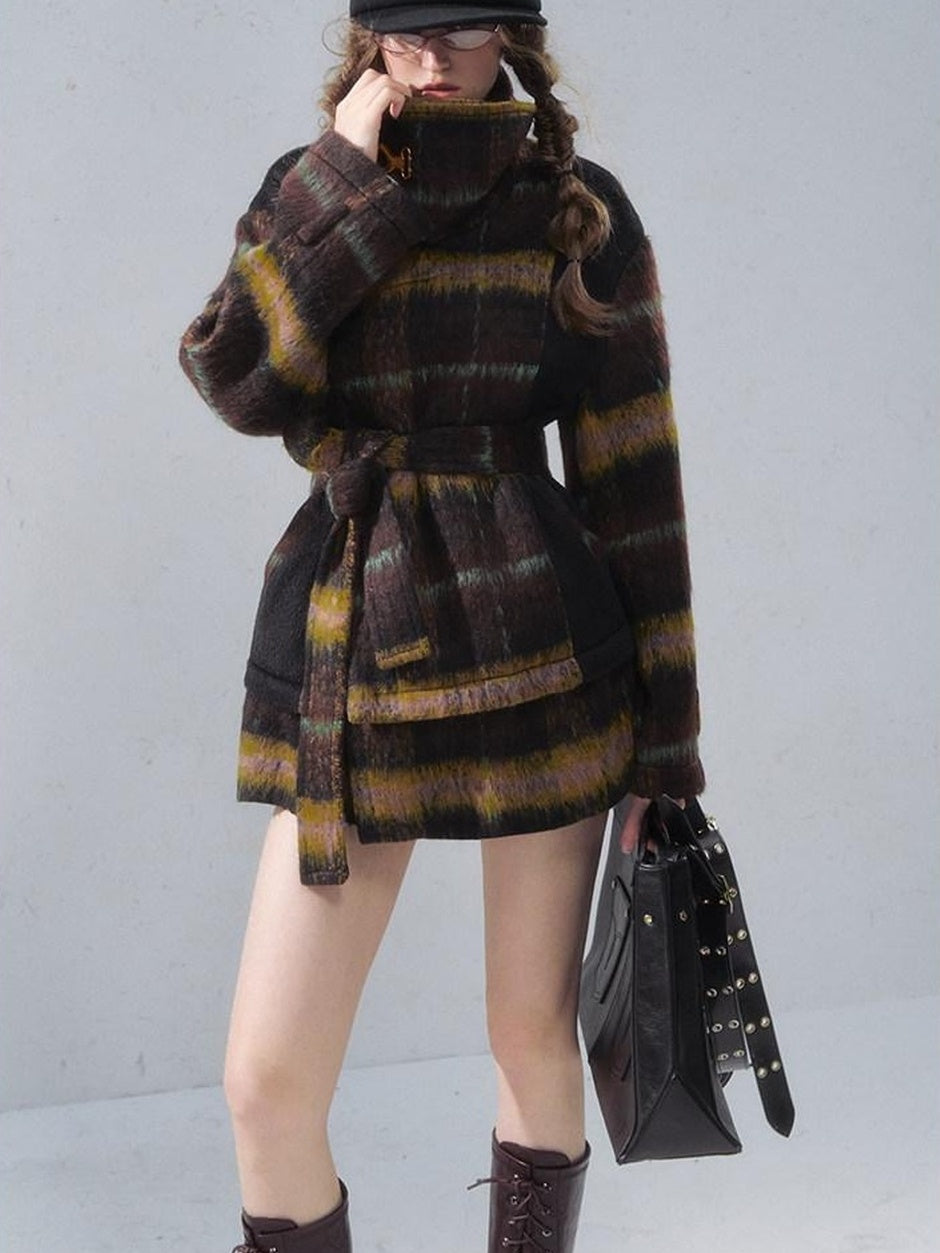 OfAkiva Thick Warm Vintage Plaid Slim Fit Stand Collar Tie Closure Women Short Coat