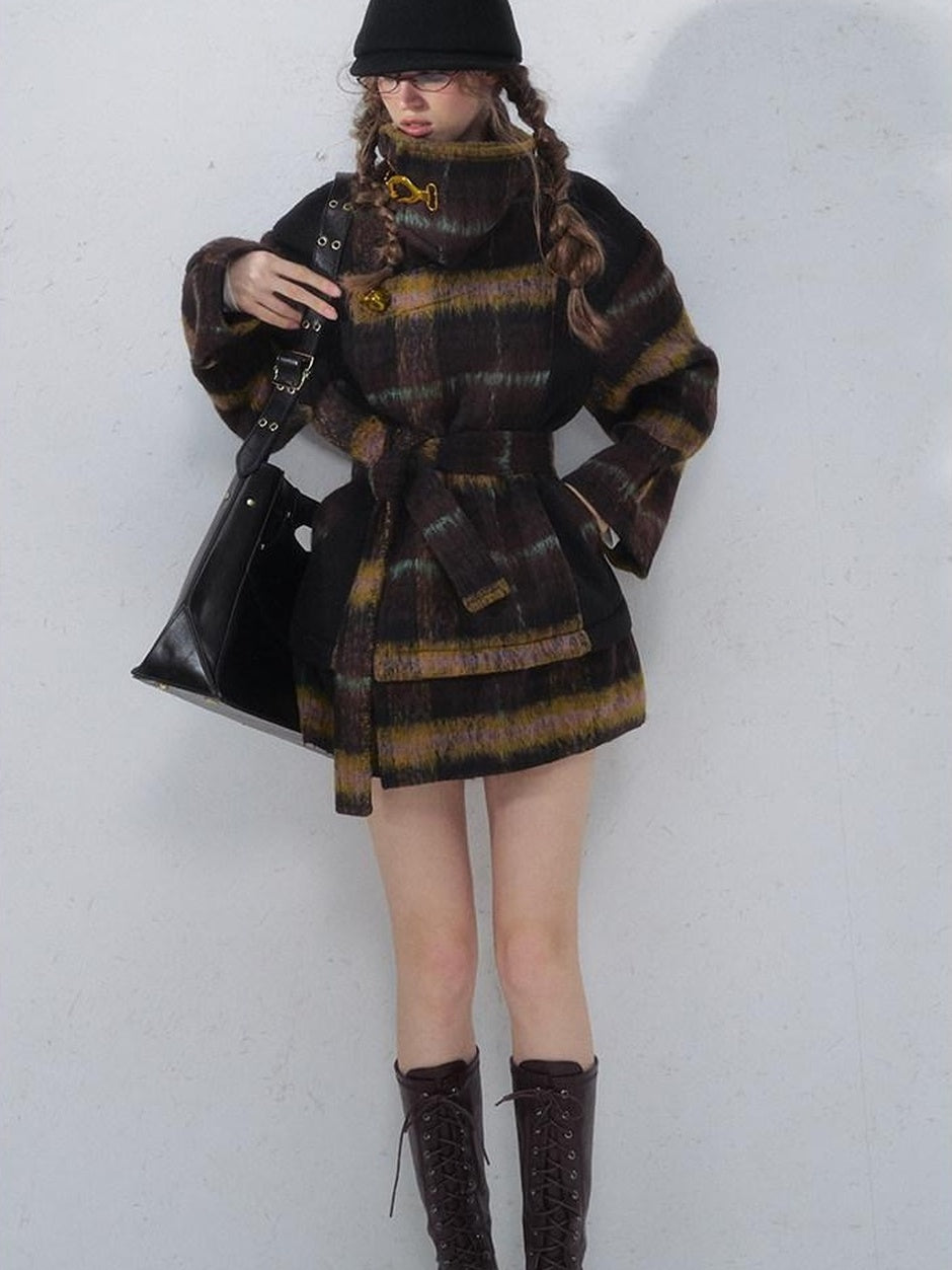 OfAkiva Thick Warm Vintage Plaid Slim Fit Stand Collar Tie Closure Women Short Coat