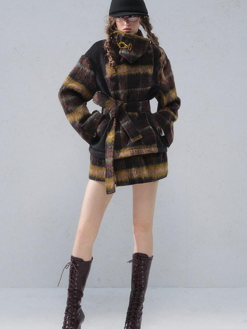 OfAkiva Thick Warm Vintage Plaid Slim Fit Stand Collar Tie Closure Women Short Coat