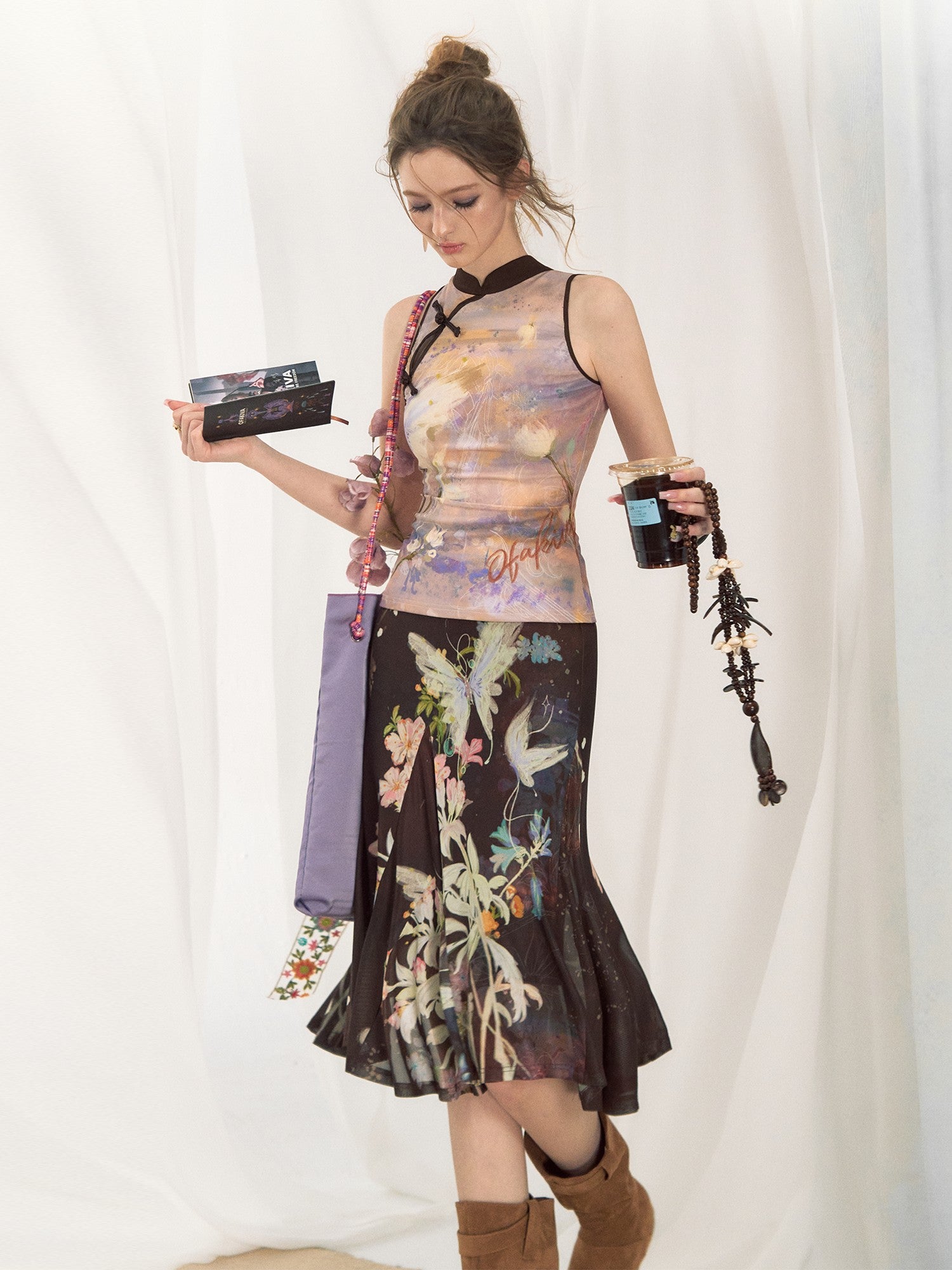 OfAkiva Tiger Eye Butterfly Floral Print Knit Women&