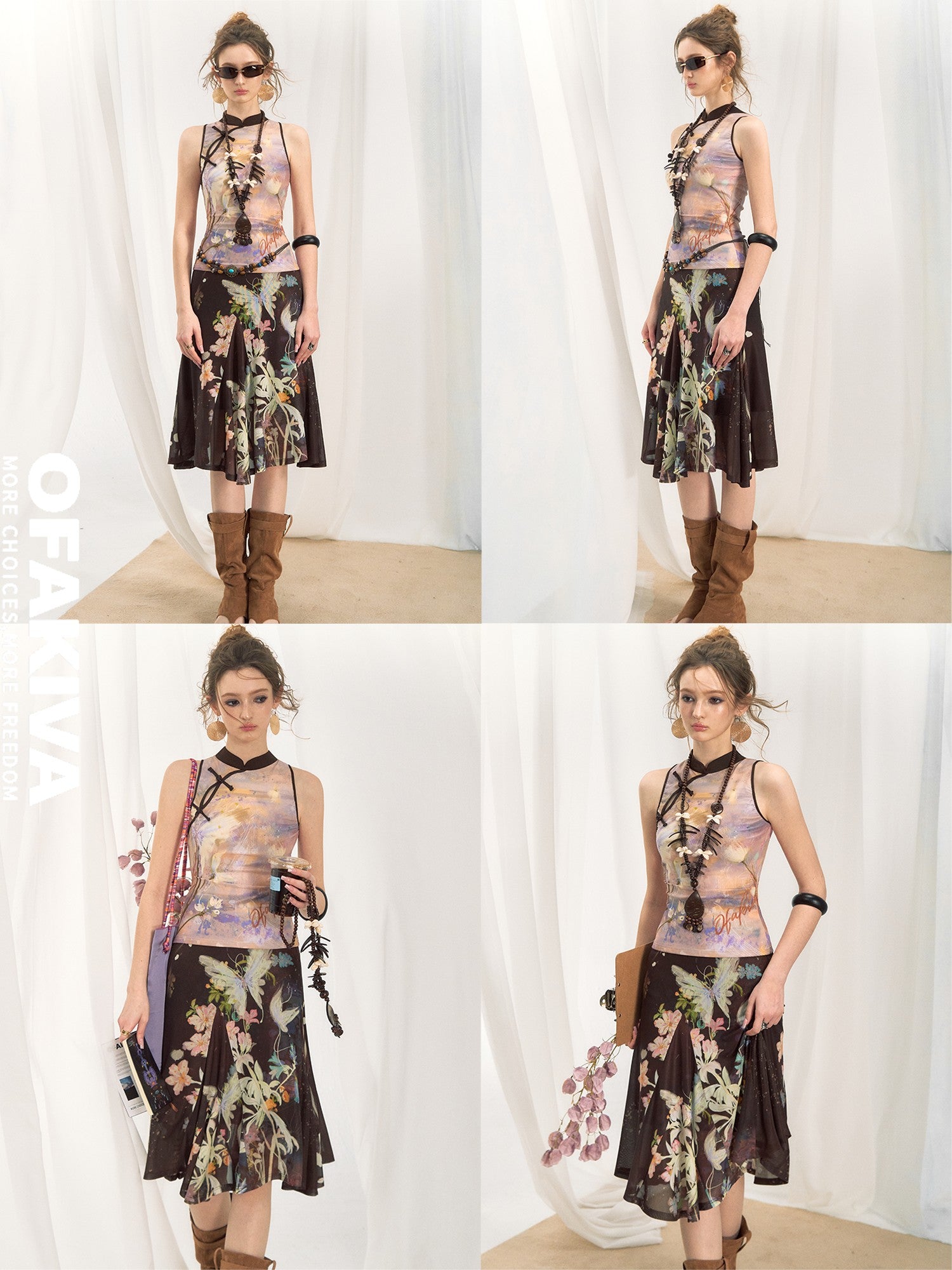 OfAkiva Tiger Eye Butterfly Floral Print Knit Women&