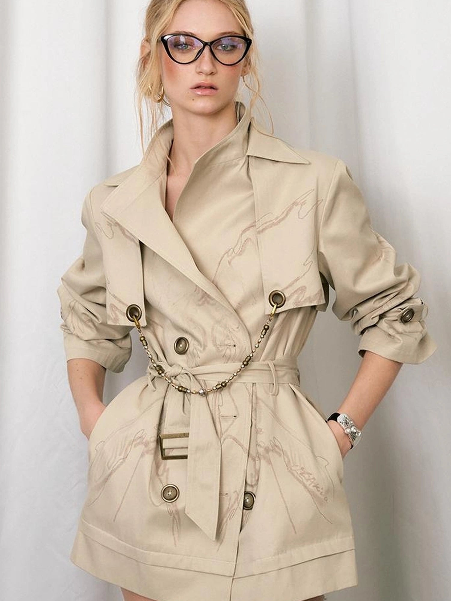 OfAkiva Tuileries Print Trench With Detachable Waist Tie