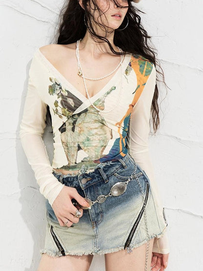 OfAkiva Turandot V-neck Floral Split Tee