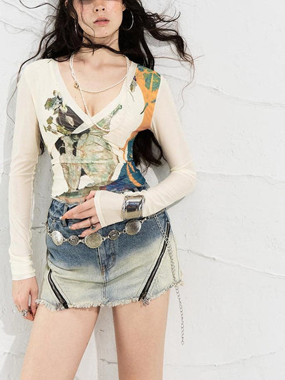 OfAkiva Turandot V-neck Floral Split Tee