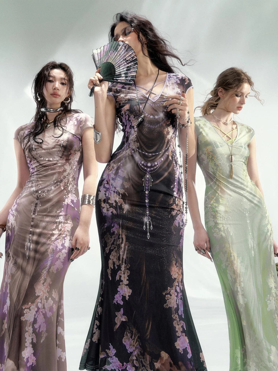 Tuscan Floral Sculpture Print Two Piece Dress V-neck T-shirt Long Sleeve