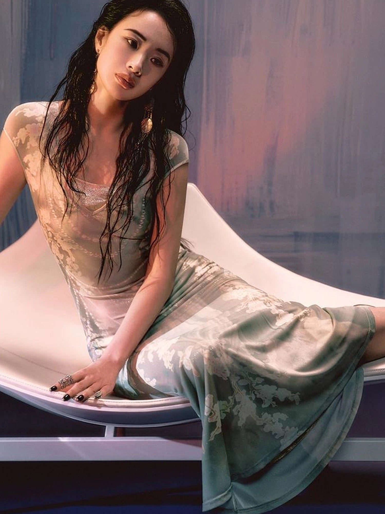 Tuscan Floral Sculpture Print Two Piece Dress V-neck T-shirt Long Sleeve