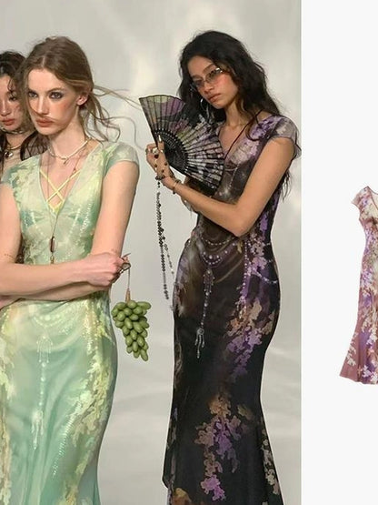 Tuscan Floral Sculpture Print Two Piece Dress V-neck T-shirt Long Sleeve