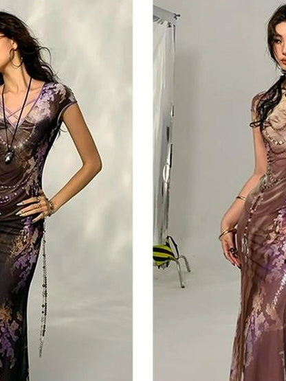 Tuscan Floral Sculpture Print Two Piece Dress V-neck T-shirt Long Sleeve