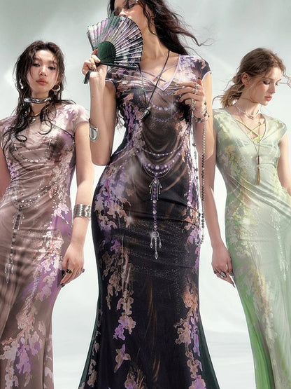 Tuscan Floral Sculpture Print Two Piece Dress V-neck T-shirt Long Sleeve